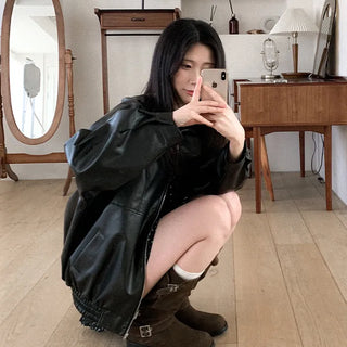 Collared faux leather oversized blouson