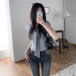 Tie-cap sleeve silky blouse