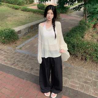 Off-shoulder oversized sheer V-neck