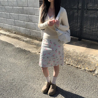 Flower ruffle midi-length low-rise ribbon skirt