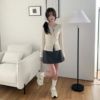 Checked layered round neck long sleeve cardigan
