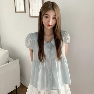 [3 colors] Polka Dot Babydoll Round Collar Puff Sleeve Short Sleeve Blouse
