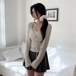 (Set) Ribbon Shirred Camisole & Cardigan