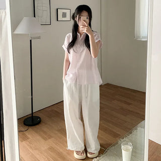 Non-sticky, cool-feeling summer short-sleeved roll-up shirt/blouse