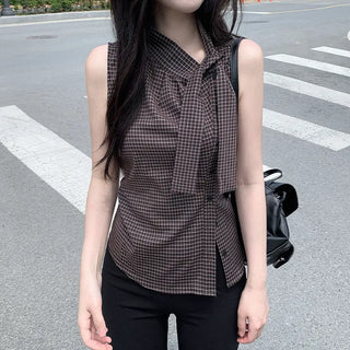 [2 colors] Tie Ribbon Check Camisole Shirring Summer Blouse