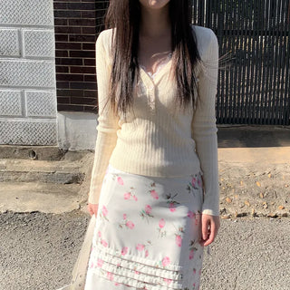 Flower ruffle midi-length low-rise ribbon skirt