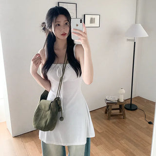 Square neck flared ribbon mini camisole dress