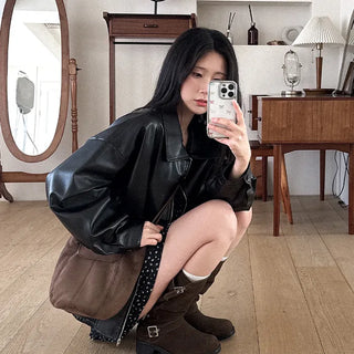 Collared faux leather oversized blouson