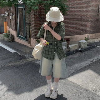 [2 colors] Big size oversized check short-sleeved shirt summer outerwear