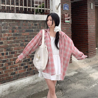 Pink checkered hooded oversized shirt