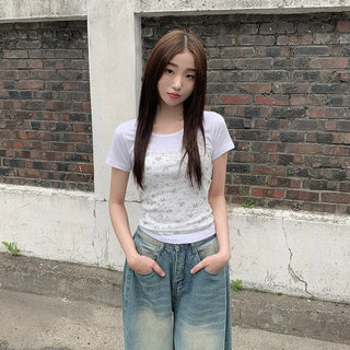 (Set) Flower Holder Neck Camisole Layered T-Shirt