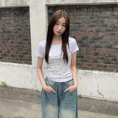 (Set) Flower Holder Neck Camisole Layered T-Shirt