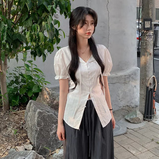 [2 colors] Shirred Frill Puff Sleeve Blouse