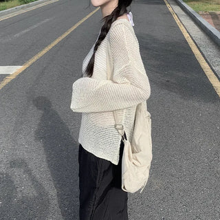 Off-shoulder oversized sheer V-neck