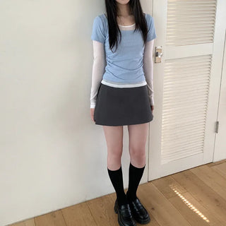 Round neck side shirring slim short-sleeve T-shirt
