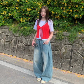 (Can be worn as a two-piece set) Knit bustier ribbon camisole