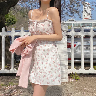 Flower Shirring Ribbon Camisole Layered Dress