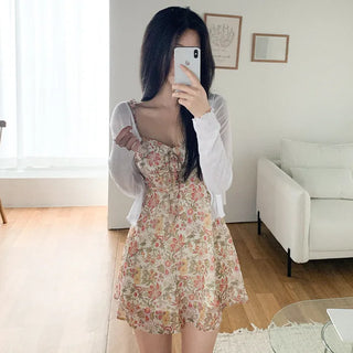 Ribbon floral print camisole bustier A-line mini summer dress