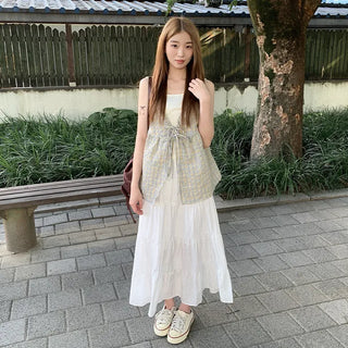 [3 colors] Checkered bustier set blouse plus size summer dress
