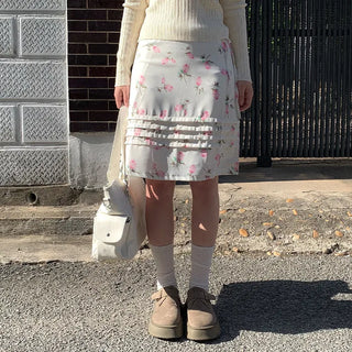 Flower ruffle midi-length low-rise ribbon skirt