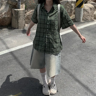 [2 colors] Big size oversized check short-sleeved shirt summer outerwear