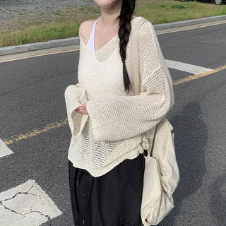 Off-shoulder oversized sheer V-neck
