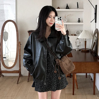 Collared faux leather oversized blouson