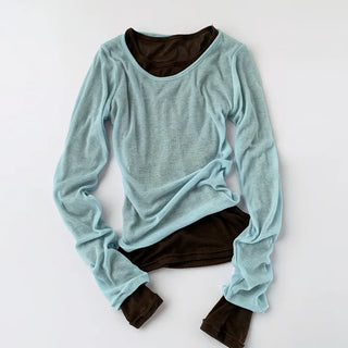 Sheer Round Neck Layered Long-Sleeve T-Shirt
