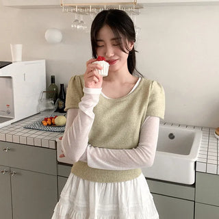 Round neck layered short-sleeved knit