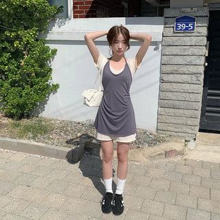[Set] Layered Camisole & Off-Shoulder T-Shirt Dress Set