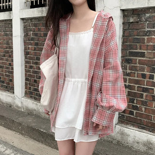 Pink checkered hooded oversized shirt