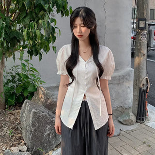 [2 colors] Shirred Frill Puff Sleeve Blouse