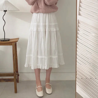 Skirt-style long lace elastic waist pleated skirt