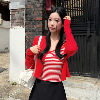(Set) Striped camisole & long-sleeved cardigan set