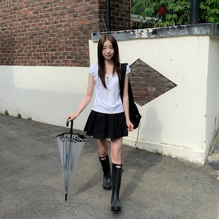 Cap Sleeve Shirred Dot Ribbon T-Shirt
