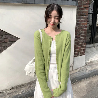 Layered-style round-neck knit cardigan