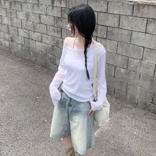 Linen oversized off-shoulder sheer long-sleeved T-shirt