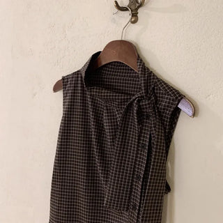 [2 colors] Tie Ribbon Check Camisole Shirring Summer Blouse