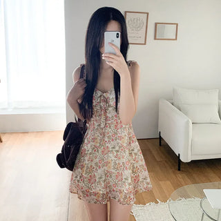 Ribbon floral print camisole bustier A-line mini summer dress