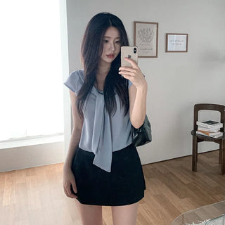Tie-cap sleeve silky blouse