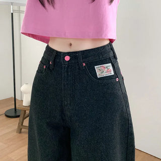 Non-washed denim wide-leg pants with embroidered patch