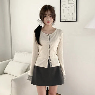Checked layered round neck long sleeve cardigan
