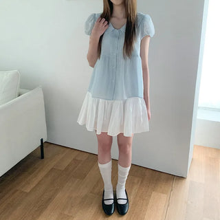 [3 colors] Polka Dot Babydoll Round Collar Puff Sleeve Short Sleeve Blouse