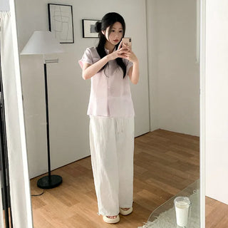 Non-sticky, cool-feeling summer short-sleeved roll-up shirt/blouse