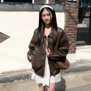 Collared faux leather oversized blouson