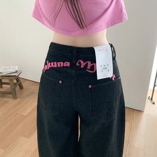 Non-washed denim wide-leg pants with embroidered patch