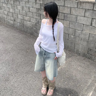 Linen oversized off-shoulder sheer long-sleeved T-shirt