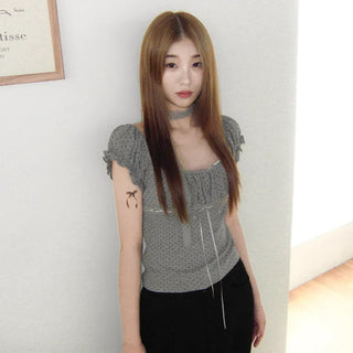[3 colors] Polka Dot Lace Shirred Puff Sleeve Short Sleeve Slim T-Shirt