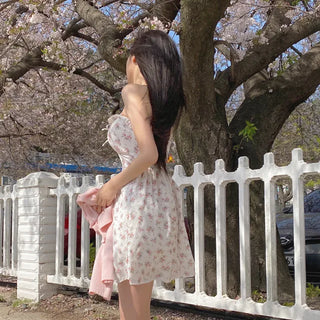 Flower Shirring Ribbon Camisole Layered Dress