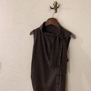 [2 colors] Tie Ribbon Check Camisole Shirring Summer Blouse